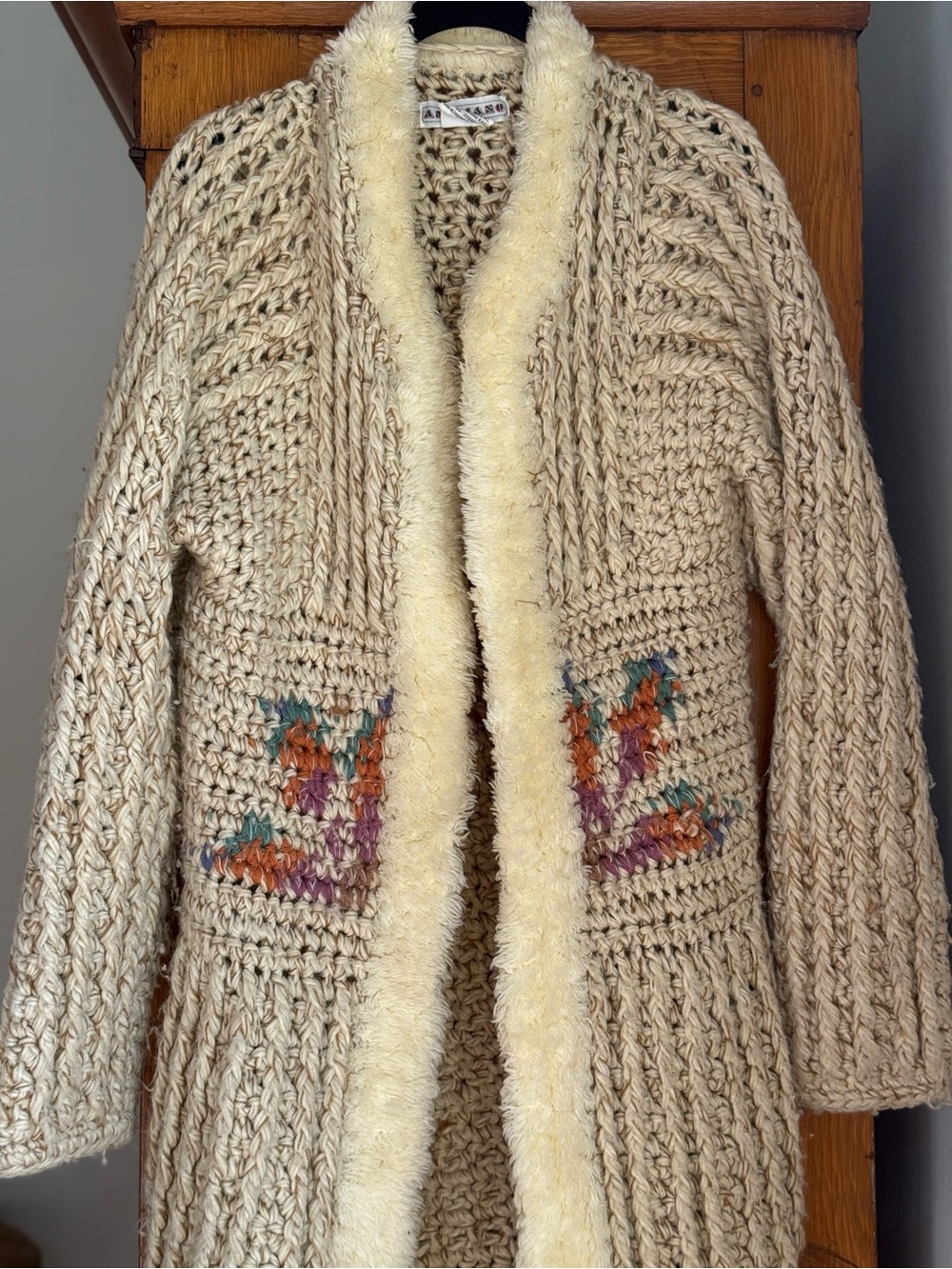 Vintage 1970’s Chunky Cream Knit Cardigan Coat with Faux Shearling Trim - Picture 2 of 6